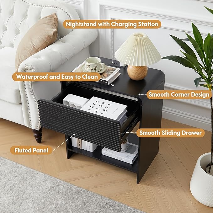 Fluted Nightstand Set of 2 with Charging Station, Modern Bed Side Table End Table with Drawer Storage, Large Wooden Night Stands Bedside for Bedroom Living Room Sofa Office, Black 2 Sets