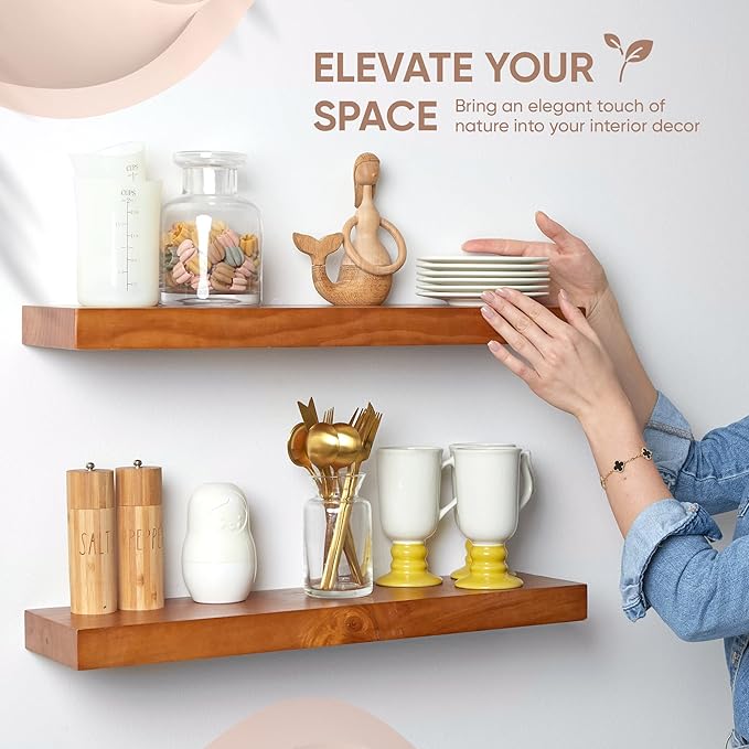 Homeforia 24inch Oak Floating Shelf for Wall, High End Solid Real Wood 24 inches Long Floating Shelves for Bathroom, Honey Oak Wooden Floating Shelves, Heavy Duty Bracket, 24 X 6.5 X 1.75 in, Set of 4