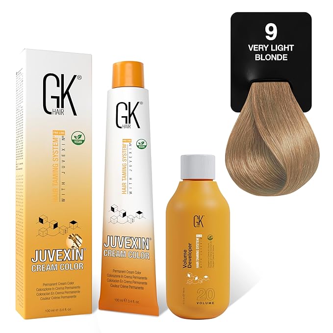 GK HAIR Global Keratin Natural 9 Very Light Blonde Hair Color Cream Tube (3.4 Fl Oz/100ml) + 20 Volume Developer (5 Fl Oz/150ml) - Professional Permanent Long Lasting Toner Dye