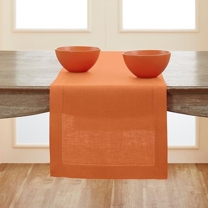 Solino Home Linen Pumpkin Table Runner 120 Inches Long - 100% Pure Linen Hemstitch 14 x 120 Inch Table Runner for Dining, Fall, Autumn, Halloween, Thanksgiving - Classic Hemstitch