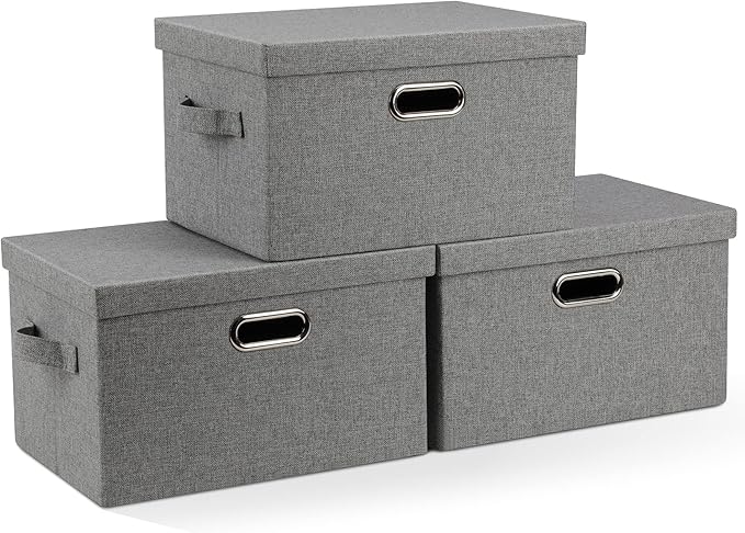 Medium 15" 21 Quart Collapsible Stackable Storage Bins with Lids, 3 Packs Grey Foldable Fabric Closet Boxes Heavy-duty Linen Cube Baskets Container for Bedroom Office (15 x 11 x 8)