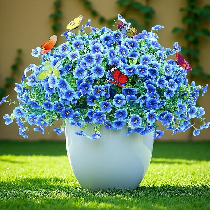 ‌20 Bundles Artificial Flowers for Outdoors‌ with 6 Faux Butterflies, UV Resistant ‌Fake Flowers‌ with Eucalyptus Leaves, ‌Artificial Plants Outdoor‌ for Patio Garden Porch Home Decor (Blue)