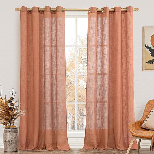 LAMIT Light Filtering Sheer Linen Curtains 102 inches Long, Linen Textured Semi Sheer Bronze Grommet Natural Boho Drapes for Living Room/Farmhouse, 2 Panels, Terracotta, 52 x 102 Inch
