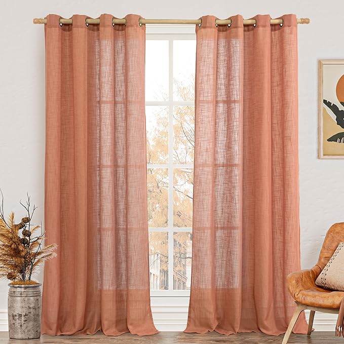 LAMIT Terracotta Linen Curtains 84 Inch Length 2 Panels for Living Room, Light Filtering Boho Window Treatments Semi Sheer Neutral Thick Drapes with Bronze Grommet for Bedroom/Farmhouse, 52 X 84 Inch