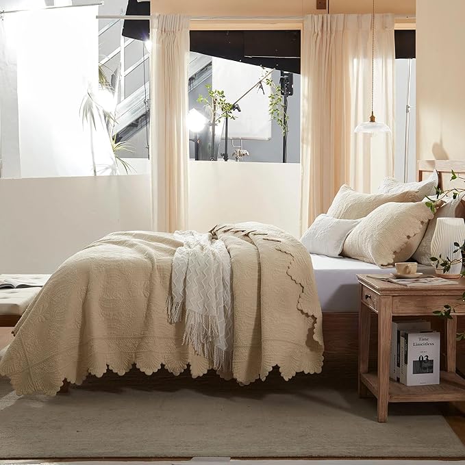 MarCielo 3-Piece 100% Cotton Oversized Bedspread Lightweight Quilt Coverlet Embroidery Farmhouse Bedding Set(TL Beige,Oversized Queen (100"x106"))