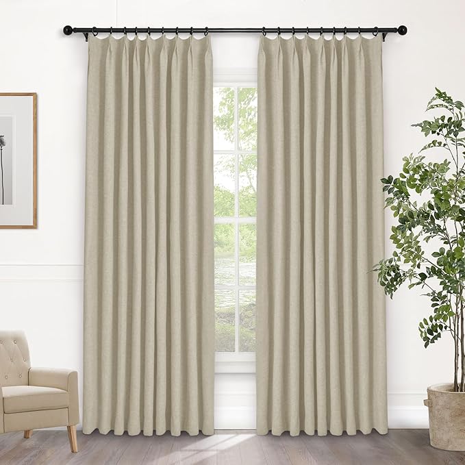 Macochico Pinch Pleated Blackout Linen Curtains 96 Inches Long 100% Light Blocking Burlap Curtains for Bedroom Living Room Thermal Window Panels with Tieback 72”Wx96”L Beige 1 Panel