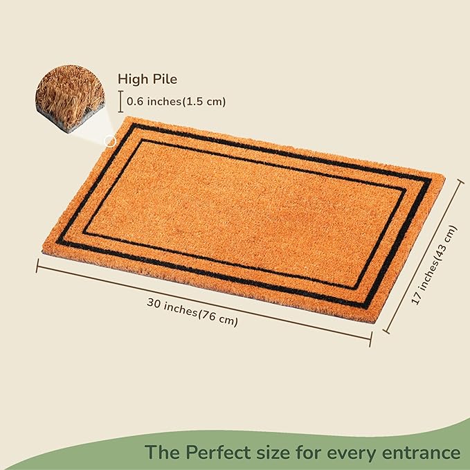 Welcome Doormats, Natural Coco Coir Mats with Non-Slip PVC Backing, Indoor Outdoor Mats for Home & Office, Floor Mats for Door Decor, Plain Entry Mat with Border, Beige & Black, 30"x17"