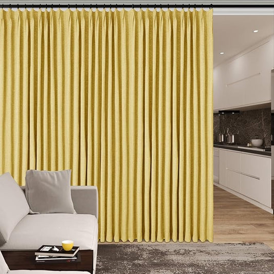 120" Wx108 L Linen Room Divider Drapes for Doorway/Glass Window/Sliding Door/Patio, Extra Wide Pinch Pleated Full Blackout Curtains for Girls Boys Teen Kids Room, 1 Panel, Yellow