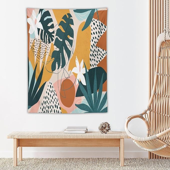 Abstract Bohemian Mid Century Tapestry, Tropical Leaves Modern Geometric Archway Minimalist Bohemian Botanical Aesthetic Wall Hanging, Sage Green Gold Home Decor Art for Bedroom 30x40 Inch