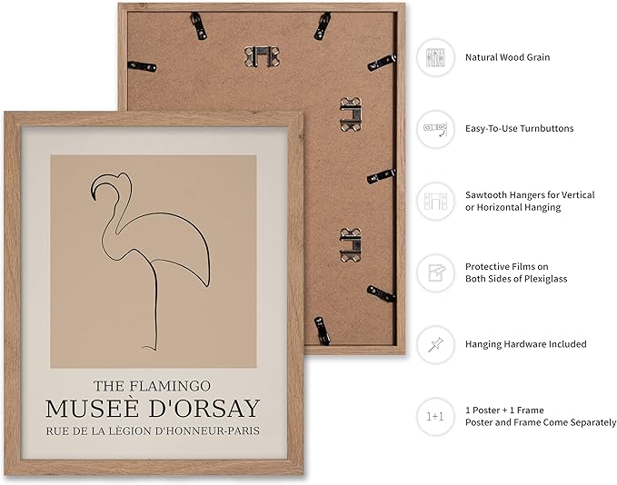 Poster Master Vintage Poster - Retro Minimalist Print - Gift for Artist, Housewarming - Flamingo, Line Drawing, Sketch, Abstract - Wall Decor for Living Room, Bedroom, 8x10 Beige Framed