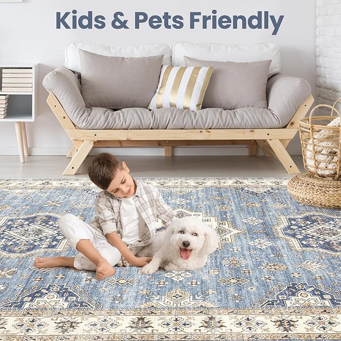 Washable Area Rugs for Living Room - 7x9 Neutral Vintage Distressed Floral Farmhouse Boho Large Soft Floor Rug Indoor Non Slip Carpet for Living Room Bedroom Dining Room Office - Blue