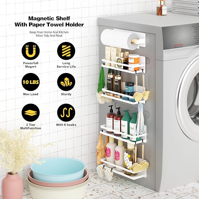 Magnetic Spice Rack Moveable Magnetic Shelf Organizer for Kitchen Refrigerator Microwave Oven Storage Rack Fridge Magnet Organizer,White,4 Packs