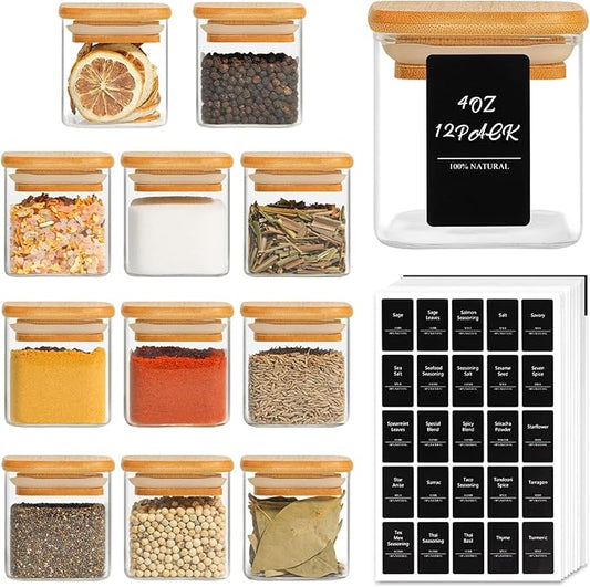 ComSaf 12Pcs Glass Spice Jars with Bamboo Lid, 4oz Airtight Square Spice Containers with 275 Black Lables, Empty Seasoning Jars for Spice Salt Sugar