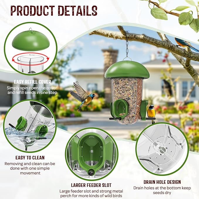 LONA Bird Feeders for Outdoors Hanging – 3 Separate Compartments, 3 Feeding Ports, Weatherproof Dome & 3 Ways to Hang, Large Capacity for Cardinals/Finches (Green，Plus