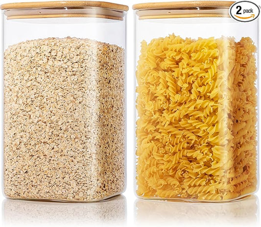 Extra Large Square Glass Flour & Sugar Storage Containers with Airtight Lids, 168 floz - 2 Pack Glass Jars with Bamboo Lids for Pantry, Air tight Food Storage Containers for Cereal, Pasta, Rice