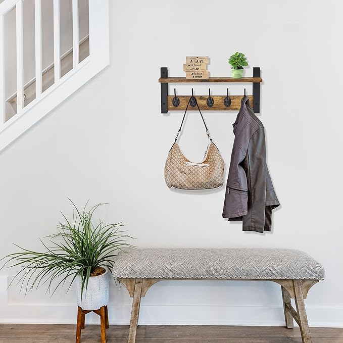 Sorbus Coat Hooks Wall Mount with Shelf – 16 Inch Coat Rack Wall Mount with 5 Heavy Duty Hooks – Floating Wall Shelf with Hooks for Entryway, Bathroom, Bedroom, Kitchen, or Mudroom (Rustic Brown)