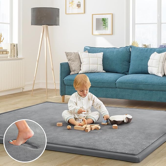 Baby Play Mat for Floor Tummy Time Mat Nursery Rug Muscle Mat Area Rug Playroom Rug Tatami Mat 6'7"x4'11" Memory Foam 1.3" Thick Crawling Mat for Babies,Toddlers, Infants, Kids,Floor Mat(Grey)
