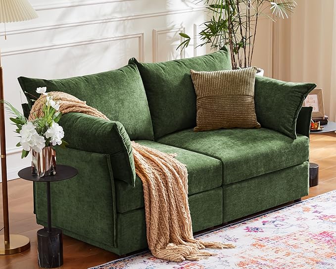 Oversized Loveseat Sofa, Modern Modular Sectional Couch Green Fluffy Chenille Mid Century 2-Seat 24.5" Deep Seat for Apartment, Living Room, Bedroom