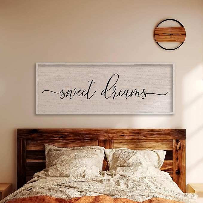 LuZhiQiang Sweet Dreams Wall Decor Sign 40"X15" Master Bedroom Over Bed Wall Wood Framed Art (White)