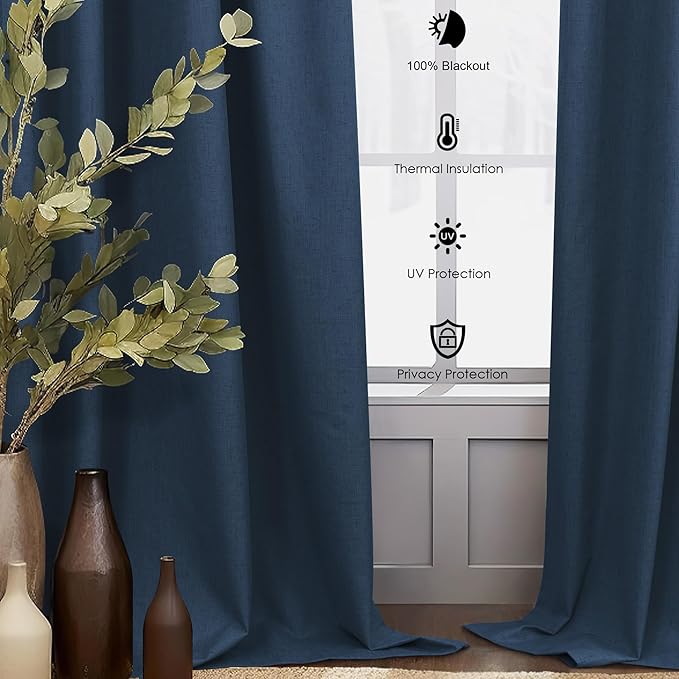 Navy Blue Drapes 96 Inch Long 2 Panels Back Tab Blackout Window Treatment Curtains White Backing for Living Room Darkening Thermal Linen Textured Black Out Curtain Bedroom Modern Farmhouse Dark Indigo