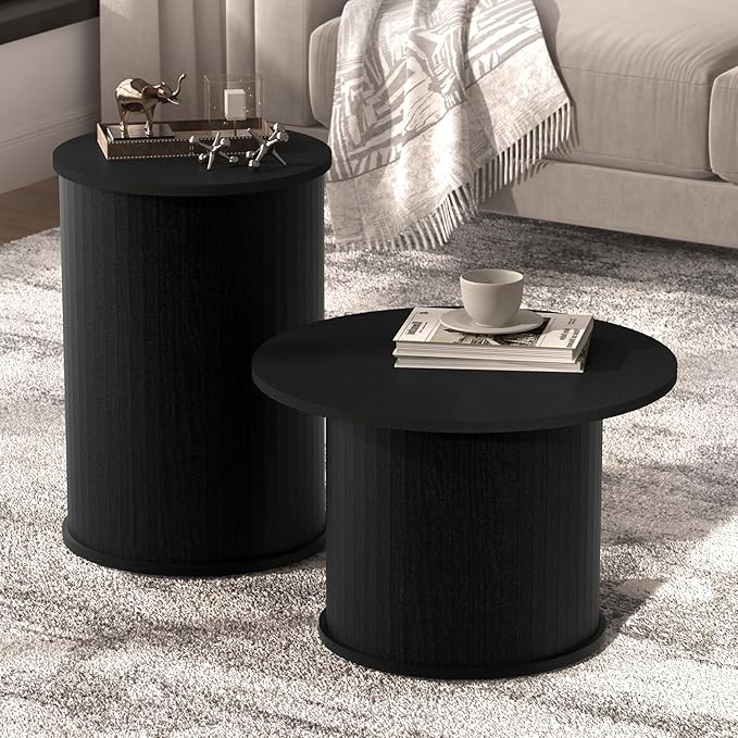 Set of 2 Round Nesting Coffee Tables for Living Room, Fluted Circle Black Wood Coffee and End Table Sets for Apartment, Small Spaces, Bedroom, Modern Style, Easy Assembly & Maintenance