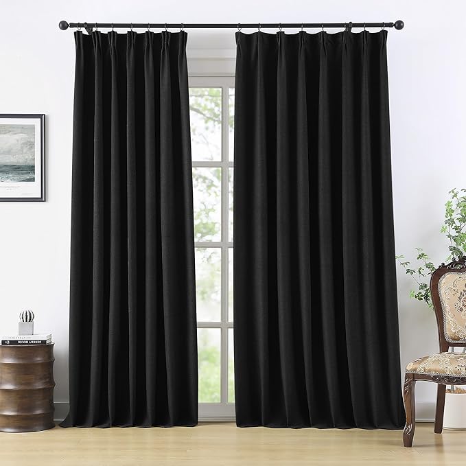 RAIN CITY Extra Wide Blackout Curtains 70 x 96 Inch Long, Linen Blend Black Out Pleated Curtains 2 Panels Set, Back Tab Pocket Textured Curtain for Home Office Patio Sliding Glass Door