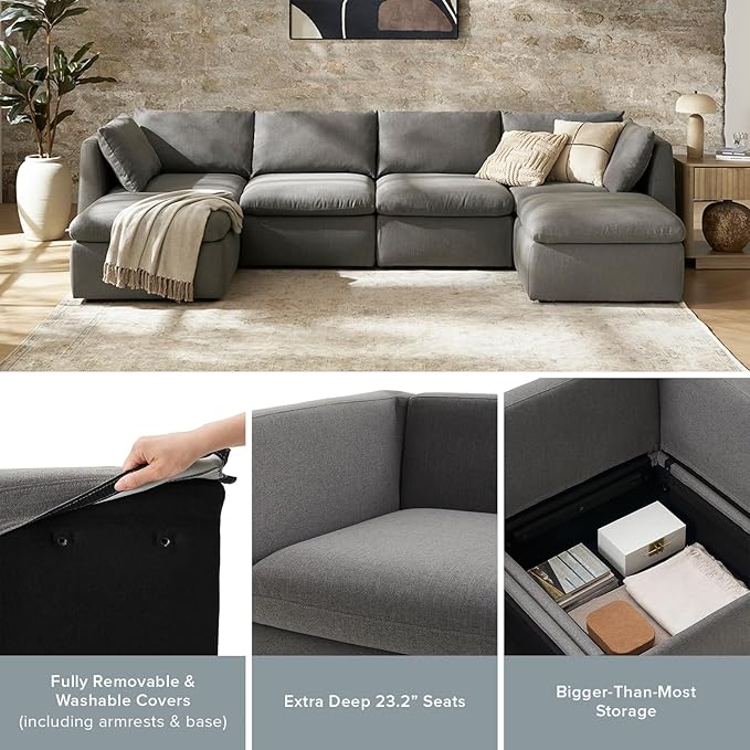 mopio Oversized Modular Sectional Sofa with Fully Removable Covers and Storage, Convertible U, L-Shaped and Sleeper Sectional, Modern Couches with Ottoman Chaise (Stone Gray Fabric, 4 Seats, L)