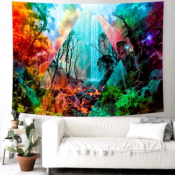 Delur Forest Tapestry Waterfall Mountain Rainforest Sunset Nature Tree Tapestry Wall Hanging Scenic Tropical Landscape Natural Sunrise Headboard for Bedroom Living Room Home Decor (51.2" x 59.1")