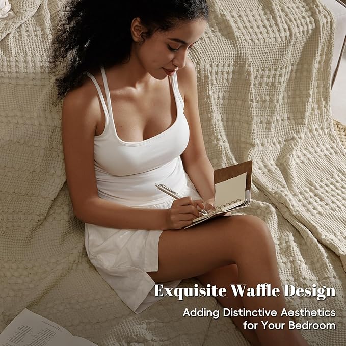 PHF 100% Cotton Waffle Weave Blanket Queen Size, Soft Lightweight Breathable Cozy Summer Blankets for Bed, Luxury Aesthetic Woven Bedding for Home Decor, 90"x90", Khaki