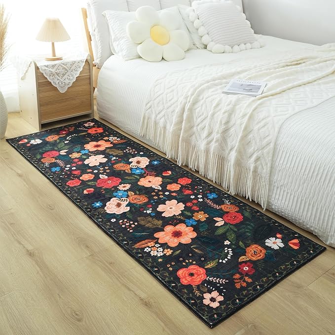 Runner Rug for Hallways Kitchen Rug Non Slip 2'6''x8' Washable Runner Rugs with Rubber Backing Soft Floral Carpet Runner for Hallways, Kitchen, Laundry, Bedroom, Bathroom(Black)