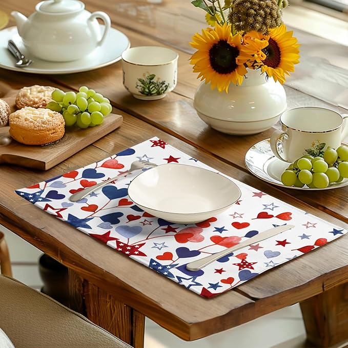 Red Blue Heart Stars 4th of July Placemats Set of 4 Patriotic America Independence Memorial Day Linen Table Mats 12x18 Inch Washable Place Mats for Party Kitchen Dining Outdoor Indoor Decor