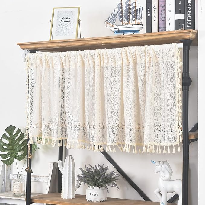 Sutuo Home Boho Sheer Curtain Valance Crochet Lace with Bohemian Hollow Knitted Handmade Tassels, Short Rustic Window Treatment for Kitchen Cafe, Rod Pocket, 1 Panel 59" W x 24" L,Beige