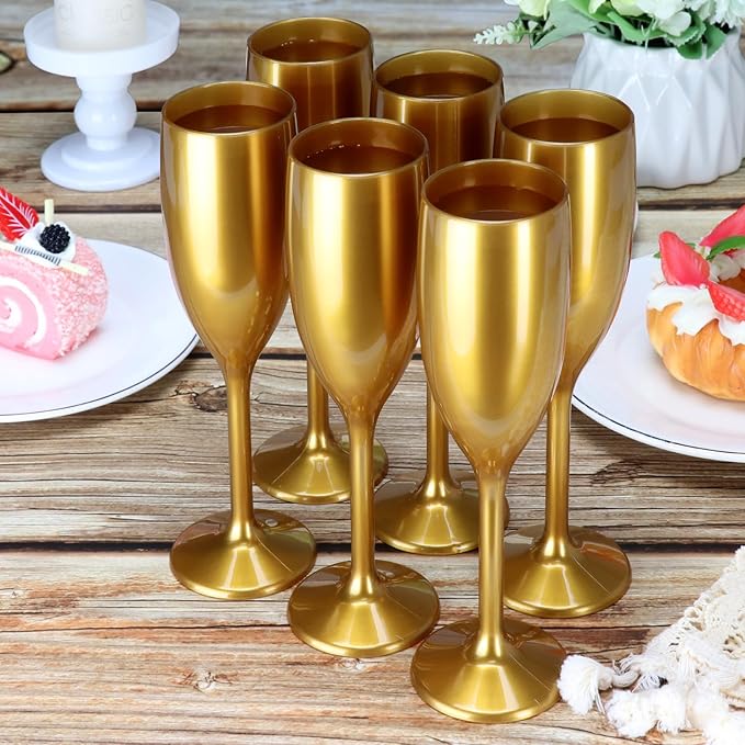 XUWAIDSGN Acrylic Champagne Flutes Toasting Glasses Unbreakable Mimosa Bar Reusable Wine Glasses Vintage Champagne Flutes Stemmed Drinking Cups 5.4 OZ for Christmas Birthday (100, Gold)