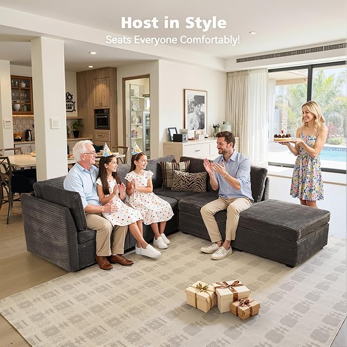 Modular Sectional Sofa, 130.7" L Shaped Couch Set for Living Room, 4-Seater Comfy Cloud Couches with Movable Ottoman, DIY Combination, Plush Corduroy, Gray