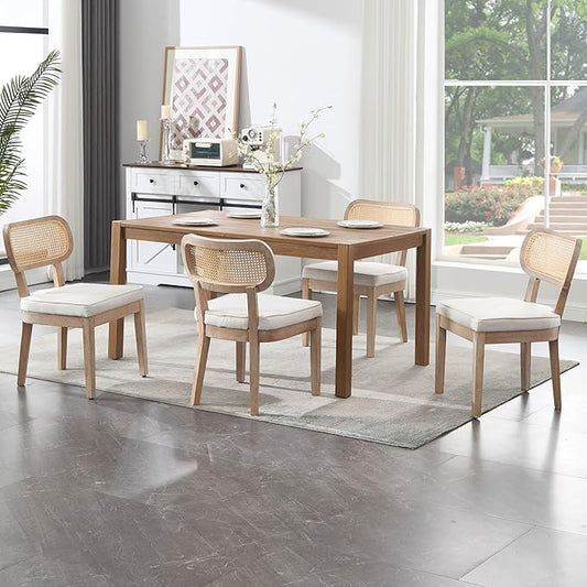 Farmhouse Rattan Dining Chairs Set of 4 Solid Wood Kitchen Chair with Cane Back French Country Upholstered Accent Chair Rustic Armless Side Chairs for Dining/Living Room/Restaurant, Beige