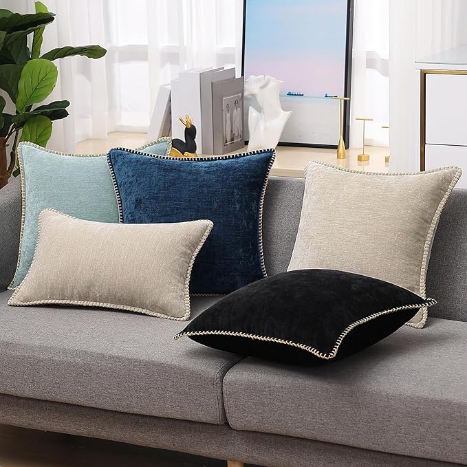 decorUhome Chenille Soft Throw Pillow Covers 20x20 Set of 2, Farmhouse Velvet Neutral Decorative Euro Pillow Covers with Stitched Edge for Couch Sofa Bed Home Decor, Poseidon