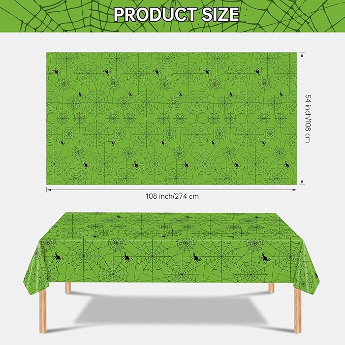 2 Pcs Halloween Tablecloth - Plastic Halloweens Spider Webs Table Cloth, Green Disposable Rectangle Spiderweb Table Cover for Halloween Party Decorations Supplies Favors Tables Decor, 108 x 54 Inch