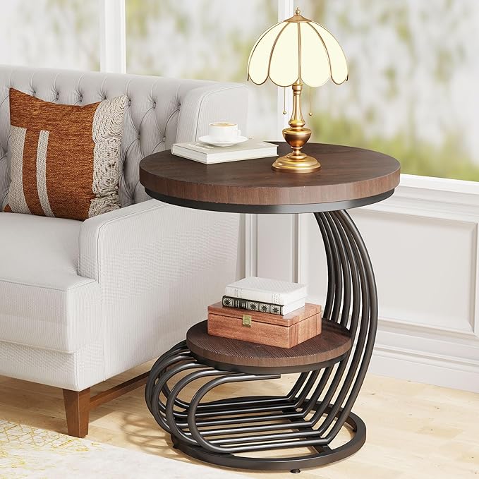 Tribesigns Round End Side Table: Side Table with 2 Tiers Storage Shelves, Vintage End Table for Living Room, Small Bedside Table Accent Table with Arc-Shaped Frame, Rustic Brown