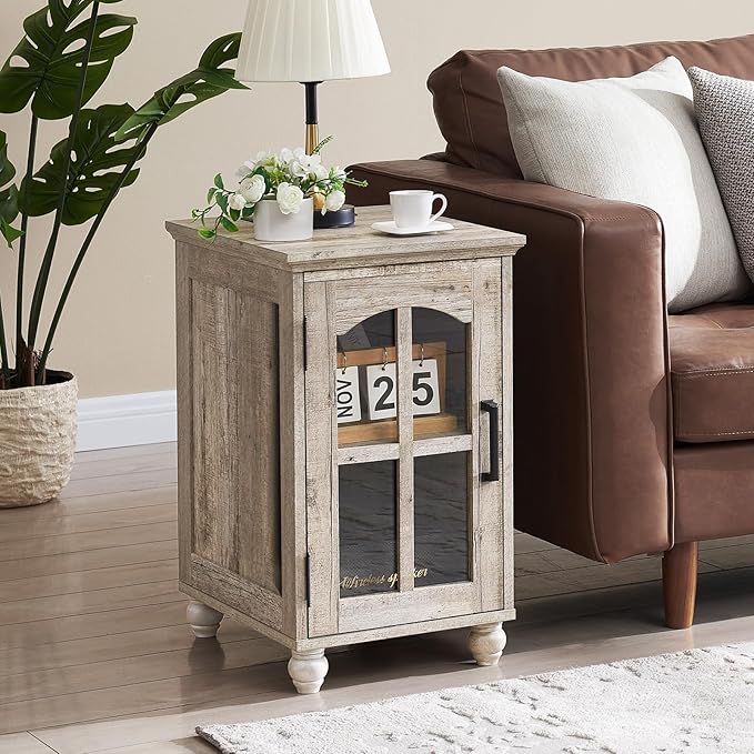 Narrow Side Table,Farmhouse Nightstand with Charging Station,Wood End Table with Glass Barn Door Storage, Cabinet Organizer with Adjustable Shelf, Night Stand for Small Spaces for Living Room Bedroom