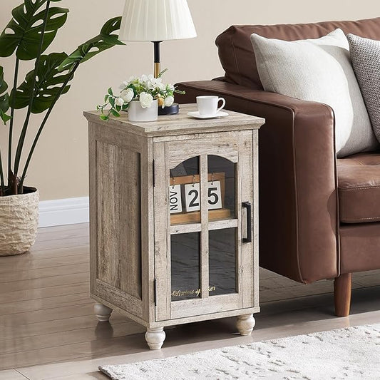 Narrow Side Table,Farmhouse Nightstand with Charging Station,Wood End Table with Glass Barn Door Storage, Cabinet Organizer with Adjustable Shelf, Night Stand for Small Spaces for Living Room Bedroom
