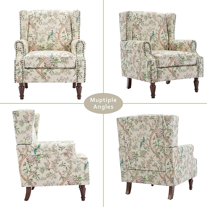 Lumibee Wingback Accent Chair, 2 Set High Back Floral Armchairs in Fabric,Comfy Upholstered Reading Single Sofa Chairs with Solid Wood Legs for Living Room,Bedroom,Office-Bird