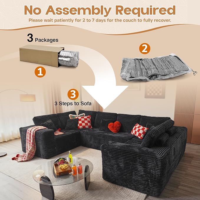 Cloud Sectional Couches for Living Room,U Shaped Modular Sofas No Assembly,135x79 Inches Plush Corduroy Oversized Floor Couch Set with Deep Seat Chaise,Black