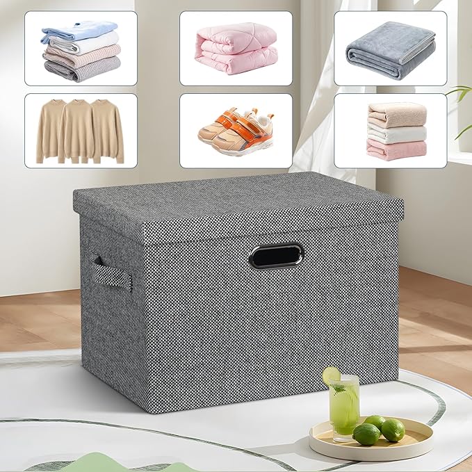 Large 17" 36 Quart Collapsible Stackable Storage Bins with Lids, 3 Packs Black and White Mix Linen Fabric Closet Boxes with Lids, Storage Cube Baskets Container Organizers (17x12x11)