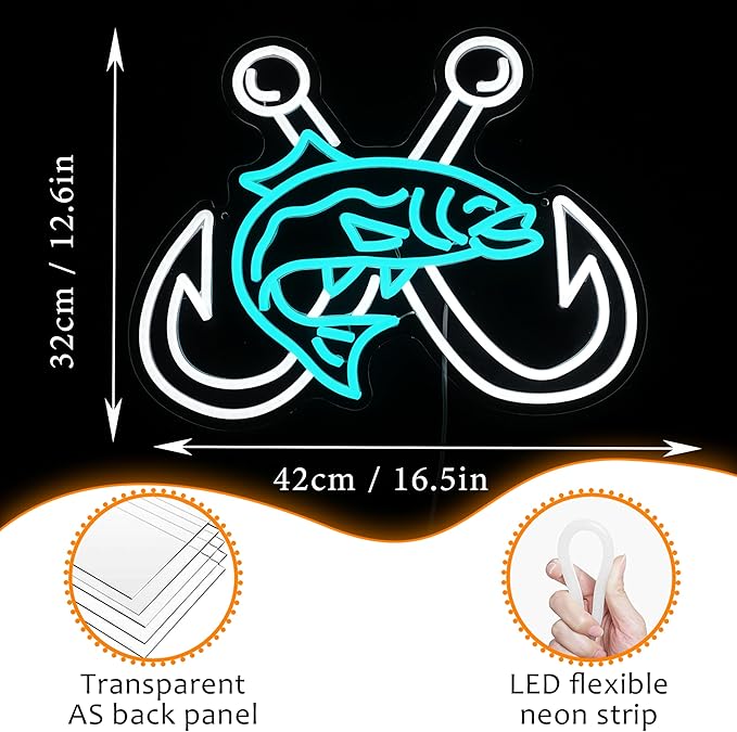 LISIGNVE Crossed Fish Hooks Neon Sign Fishing Led Neon Light for Wall Decor Fish On Light up Sign for Fishing Gear Store Yacht Gift for Father Boy(16.5 * 12.6 In)