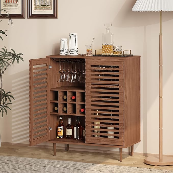 Mid Century Bar Cabinet with Wine Racks, Modern Liquor Cabinet with Slatted Doors for Dining Room, Living Room (Walnut Color)