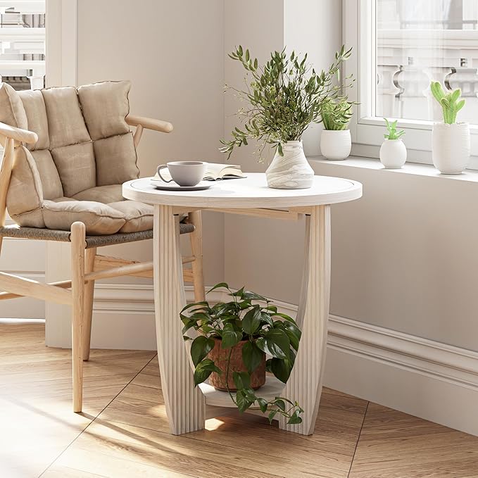 Rustic Farmhouse end Table X 2P with Storage Shelf, French Country Accent Side Table for Family, Dinning or Living Room, Small Spaces, Modern, Round, White