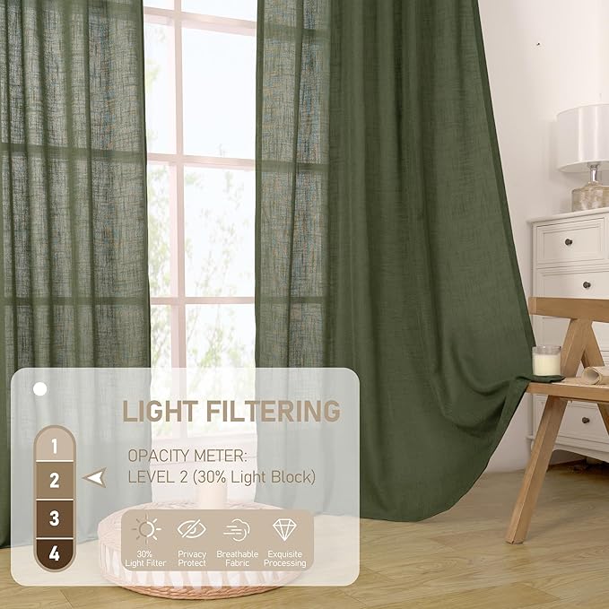 LAMIT Olive Green Linen Sheer Curtains 90 inch for Living Room, Soft Thick Bronze Grommet Light Filtering Boho Window Textured Neutral Drapes for Bedroom Farmhouse, 2 Panels Set, 52 x 90 Inch