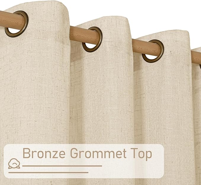 LAMIT Sheer Linen Curtains 90 inch for Living Room, Bronze Grommet Soft Thick Light Filtering Boho Window Textured Semi Sheer Drapes for Bedroom Farmhouse, 2 Panels Set, 52 x 90 Inch, Linen