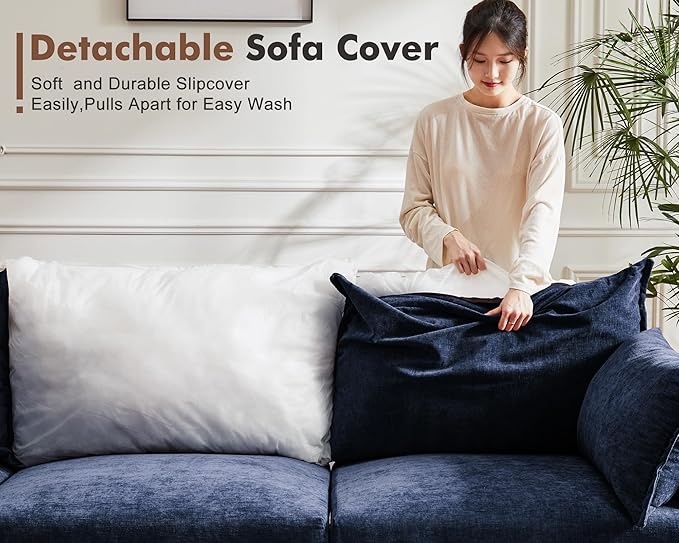 Oversized Loveseat Sofa, Modern Modular Sectional Couch Blue Fluffy Chenille Mid Century 2-Seat 24.5" Deep Seat for Apartment, Living Room, Bedroom