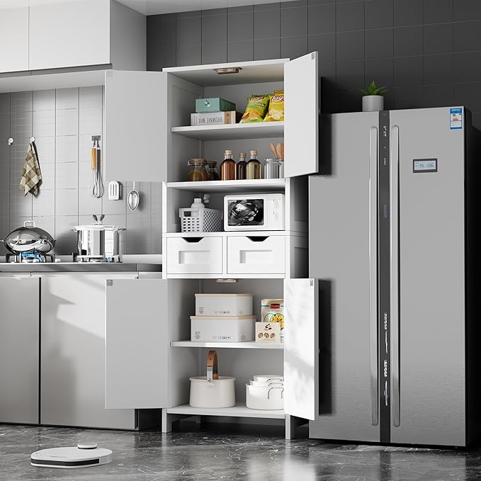 ANWBROAD 67” Bathroom Storage Cabinet Tall Storage Cabinet with Adjustable Shelves and Drawers Freestanding for Bathroom Kitchen Pantry Living Room Cabinet USBC002W